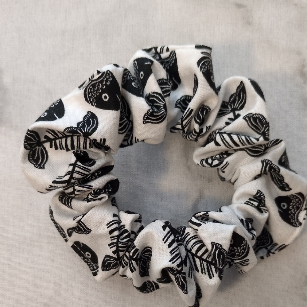 3/$20 Black and White Fish Pattern Hair Scrunchie